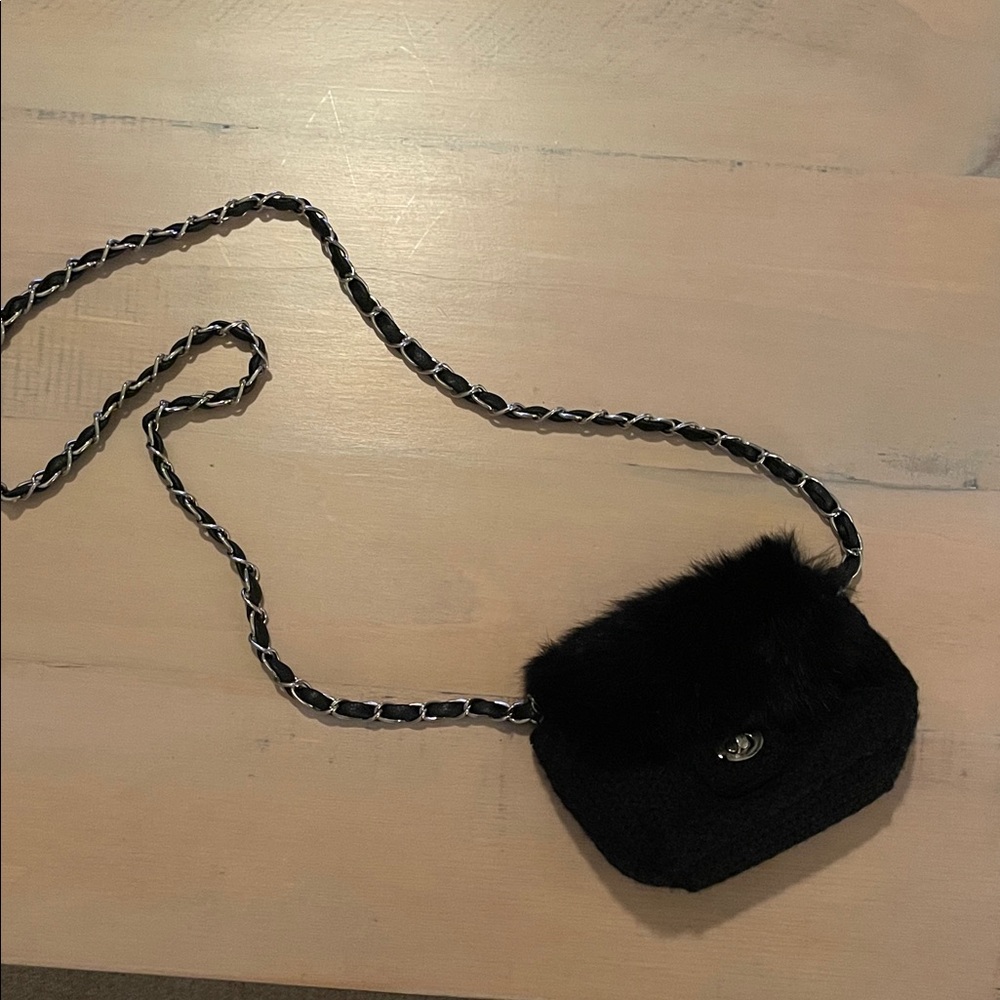 Black Faux Fur and tweed Chain Crossbody Bag by 2 Chic Lux